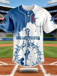 2025 Summer Men's Jesus 3D Graphic Baseball Jersey- Blue& White Contrast Religious Design with Crown of Thorns& Cross Print, Breathable Short Sleeve Button-Up Shirt for Casual, Sports& Baseball Training, Athletic Top, Athletic Active Tops