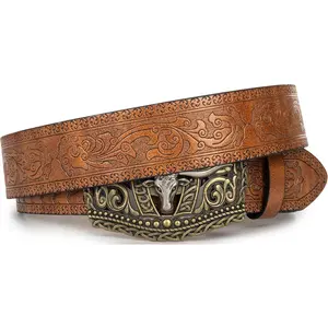 Women's & Men's Western Turquoise Belt -  Coffee Embossed PU Leather Belt for Jeans Pants