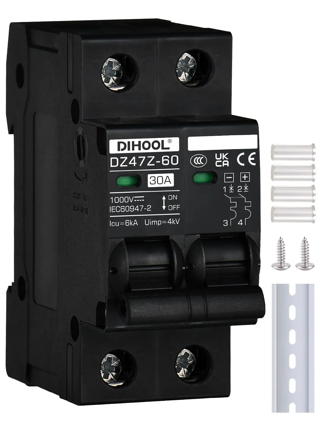 30 Amp Circuit Breaker DIN Rail Mount Solar Disconnect Switch 2P 1000V Miniature Circuit Breaker