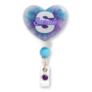Pretty Plugged Customs Personalized Purple/Blue Glitter Heart Badge Reel Custom Name Nurse ID Holder Cute Beaded Retractable Reel for Medical Professionals 4.5" x 2" Glitter Resin Heart with Silver Clip