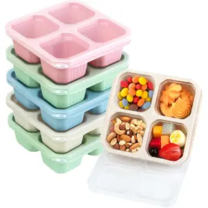 6 Pack Snack Containers, 4 Compartments Snack Boxes for Kids, Wheat Straw Meal Prep Reusable Food Storage Lunch Containers for Adults & Kids