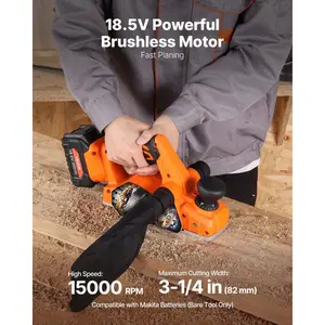 VEVOR Cordless Handheld Planer, 3-1/4-Inch Cut Width, 15000 RPM Electric Hand Wood Planer with 4.0 Ah 18V Lithium Battery, Brushless Motor, Adjustable Cut Depth, Dust Collection Bag, for Woodworking