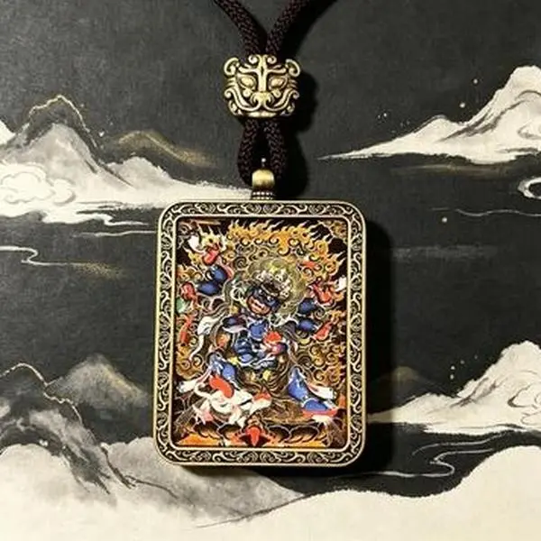 Six-Armed Mahakala Thangka Pendant Necklace, Tibetan Buddhist Dharma Protector Amulet, Vintage Brass Framed Gau Box Talisman for Protection & Fortune