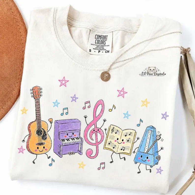Comfort Colors Music Teacher Shirt, Cute Music Instruments Doodle Tee, Guitar Piano T-Shirt, Music Lover Top