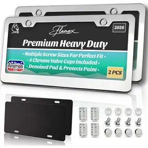 Premium Chrome License Plate Frames 2 Pack with 2 Anti-Scratch Pads & 4 Tire Valve Caps, Heavy Duty Rust-Free 2 Holes Universal Fit for Cars & Trucks