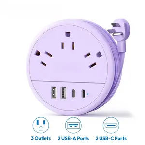 Travel Power Strip Cruise Approved, 7-in-1 with 3 AC Outlets & 4 USB (2 USB-C), Flat Plug 4FT Wrapped Around Extension Cord, Travel Essentials for Cruise, Hotel & Dorm, Purple Round Strip, Smart USB Charging