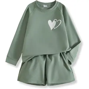 Size 6-12 Years Girl's 2 Piece Outfits Casual Crew Neck Sweatshirt & Elastic Waist Shorts Tracksuit Sets