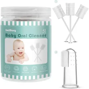 42PCS + 1 Finger Baby Toothbrush with Absorbent Gauze Oral Cleaner, Baby Tongue Cleaner, Disposable Infant Tongue Cleaner Newborn Oral Cleaner Gentle Cleaning Care for 0-36 Months Babies