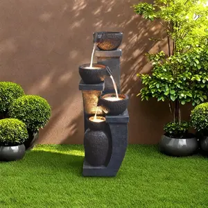Vintage 4-Tier Ceramic Pot Waterfall Fountain with LED | Outdoor Landscape Water Curtain Decor for Garden & Patio