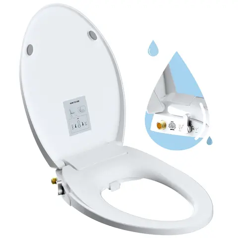 Hibbent Non-Electric Bidet Toilet Seat - Elongated Polypropylene Model, Dual Nozzles, Separated Self-Clean Knob, ON/OFF Metal T Adapter, Chemical & Stain-Resistant, Adjustable Water Settings, 400-Pound Capacity, Easy-Clean Bathroom Fixture