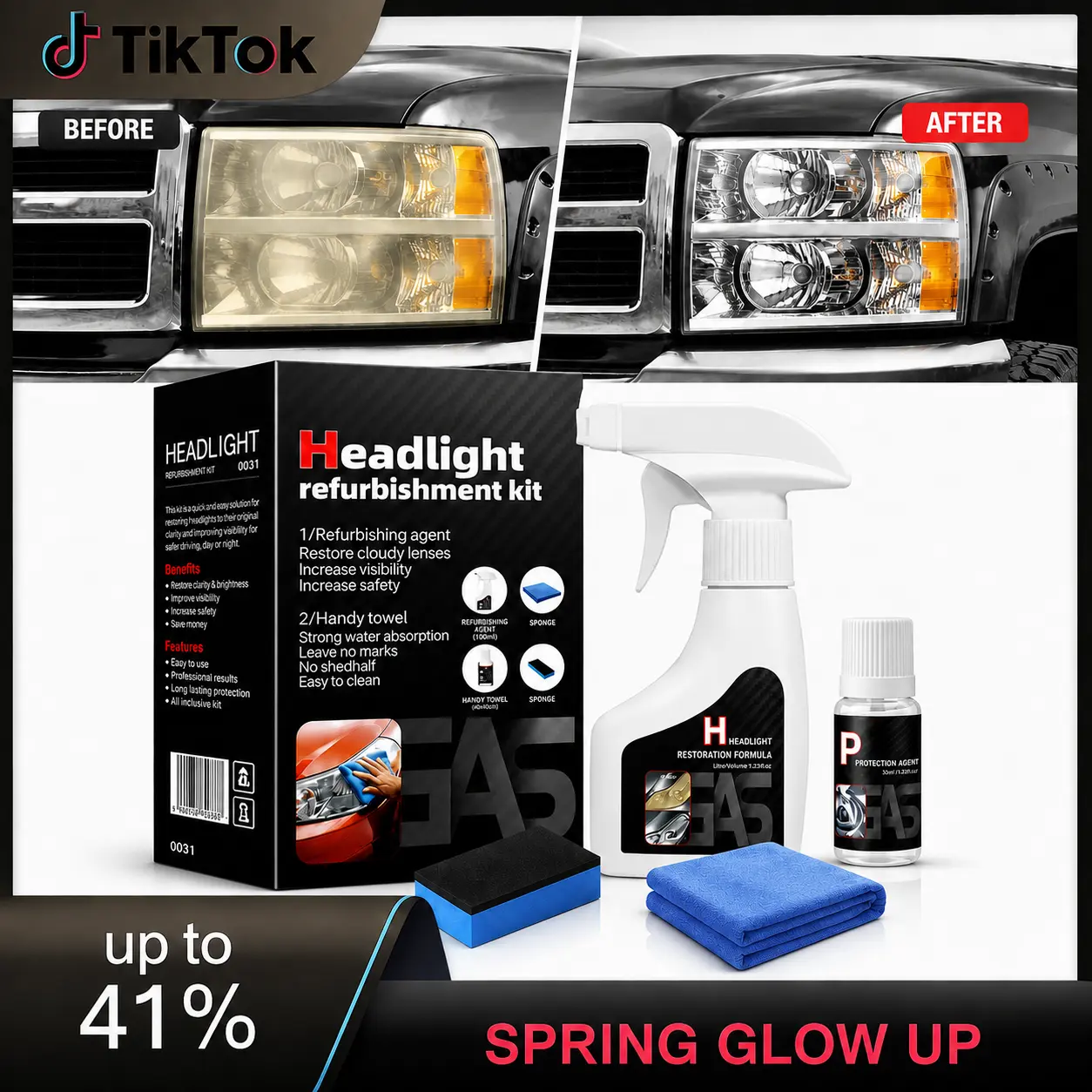 Car Headlight Restore Kit – Remove Yellow & Foggy Lenses in Minutes, Make Your Headlights Look Brand New + UV Protection Ceramic Coating Hydrophobic