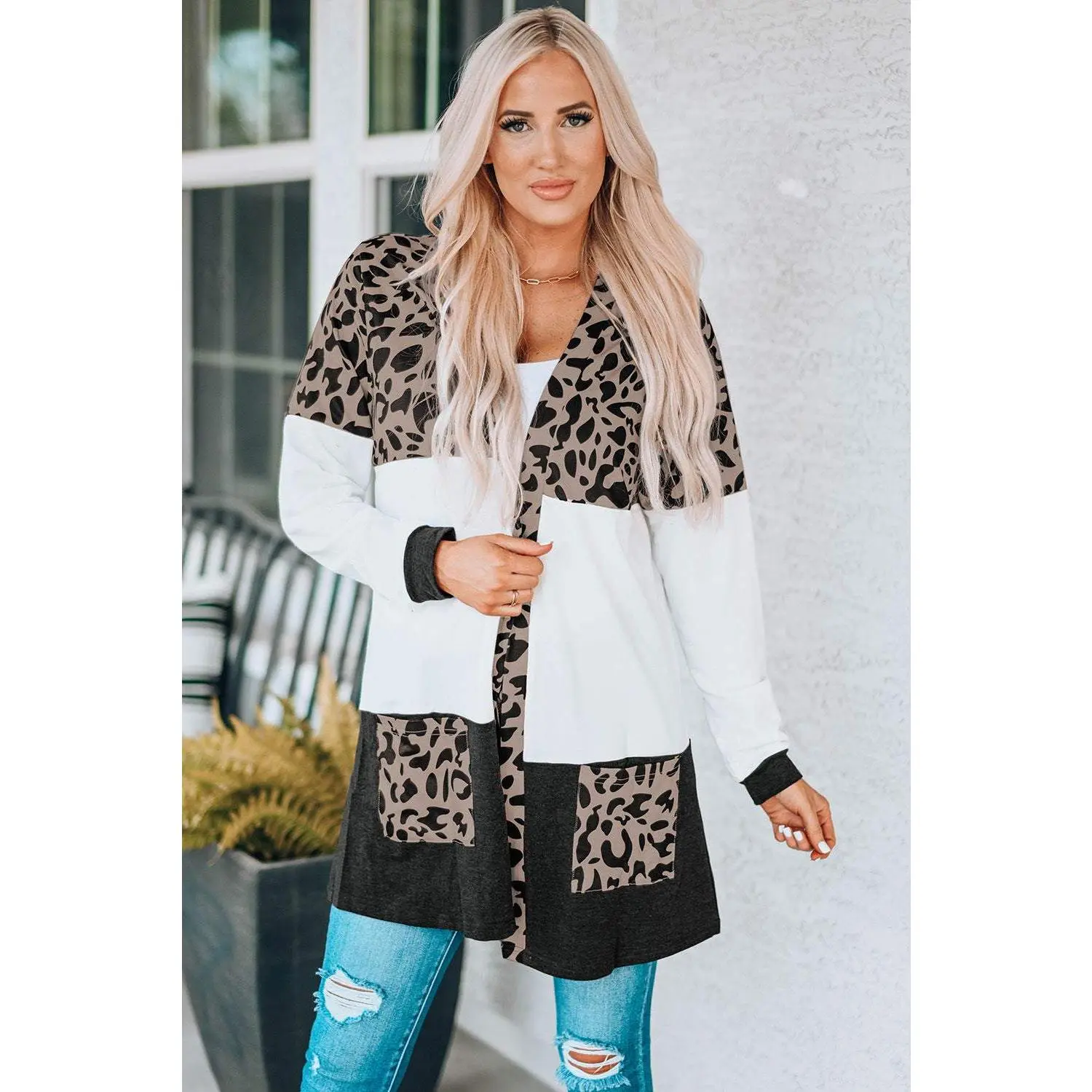 Leopard Print Color Block Longline Cardigan