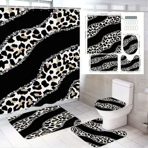 1/4pcs Leopard Print Bathroom Set 4-Piece Shower Curtain + 2 Mats + Toilet Cover with Wavy White Stripe, Black White Tan Animal Prints, Trendy Decor for Modern Bathrooms, Perfect Easter St Patrick's Day Home Gift