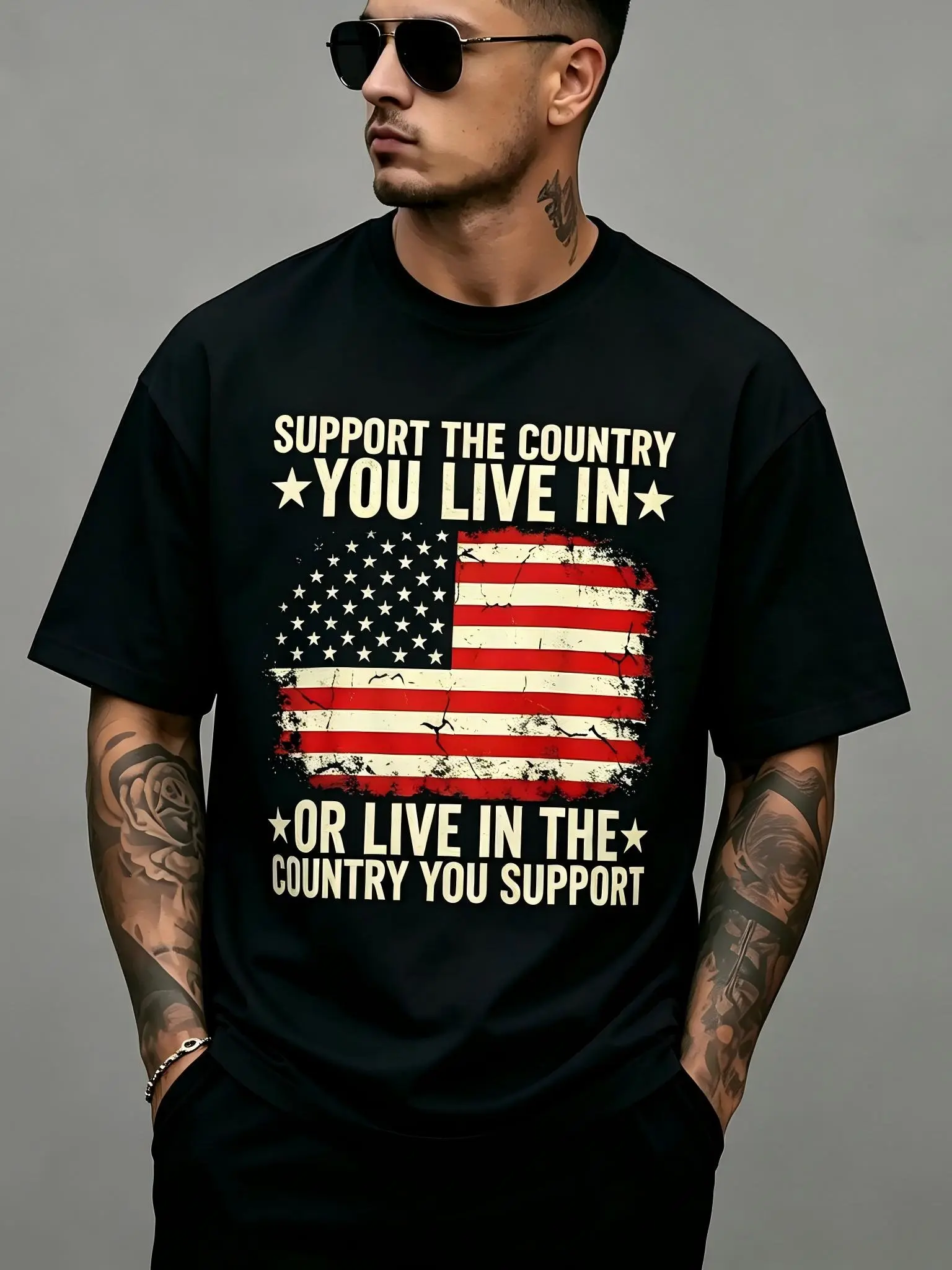 Men's Vintage American Flag Streetwear T-Shirt - Distressed USA Back Print Support Slogan, Soft Breathable Cotton Crew Neck Short Sleeve Top, Machine Washable Patriotic 4th of July Gift, Tshirt, Shortsleeve, Casual, Fabric