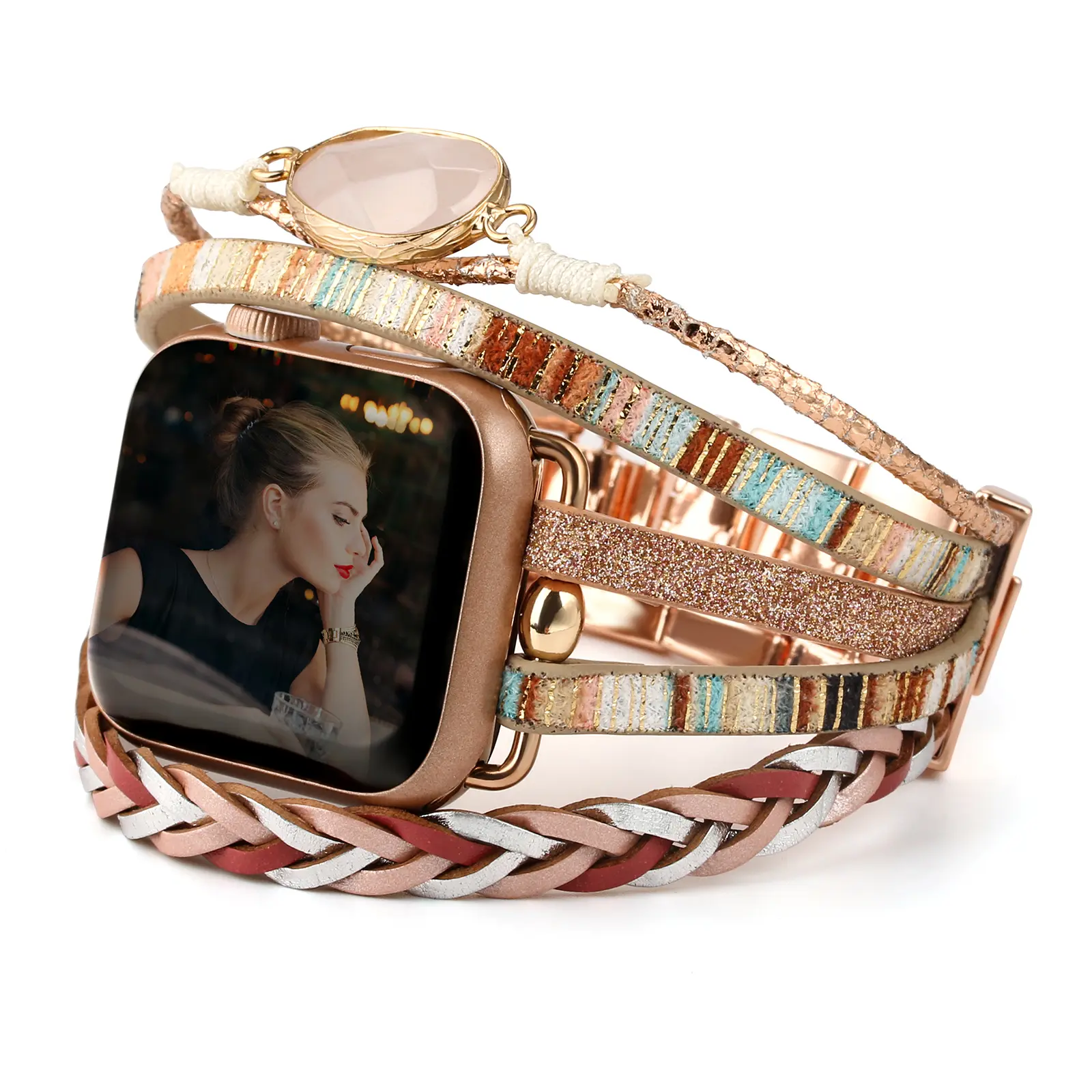 Boho Leather Bracelet Compatible with Apple Watch Bands for Women Men 38mm 40mm 41mm 42mm 44mm 45mm 49mm - Multilayer Wrap Dressy Apple Watch Strap for Cute Iwatch Band Series 9 8 7 6 SE Ultra 2 5 4 3 2 1