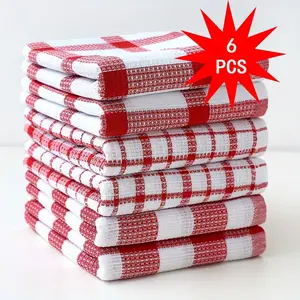 6-piece set of cotton absorbent kitchen tea towels (14.9 inches x 25.2 inches), soft absorbent quick dry cleaning bowl towels, dishwashing cleaning cloth, reusable and washable, red and white