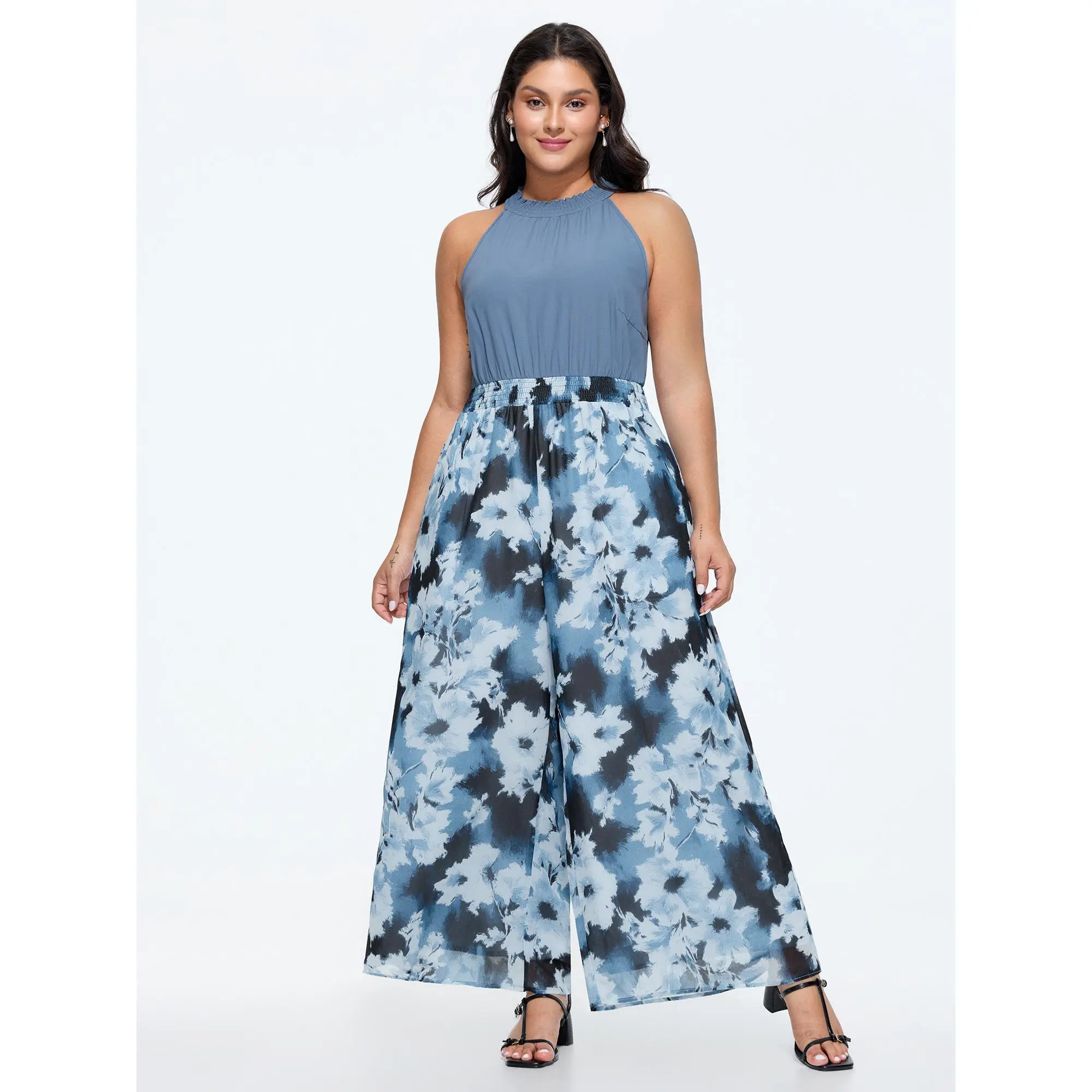 BloomChic Women's Plus Size Floral Summer Jumpsuit with Pockets, Halter Neck Smocked Bodice, Low Iron Polyester Fabric, 22-24/3X