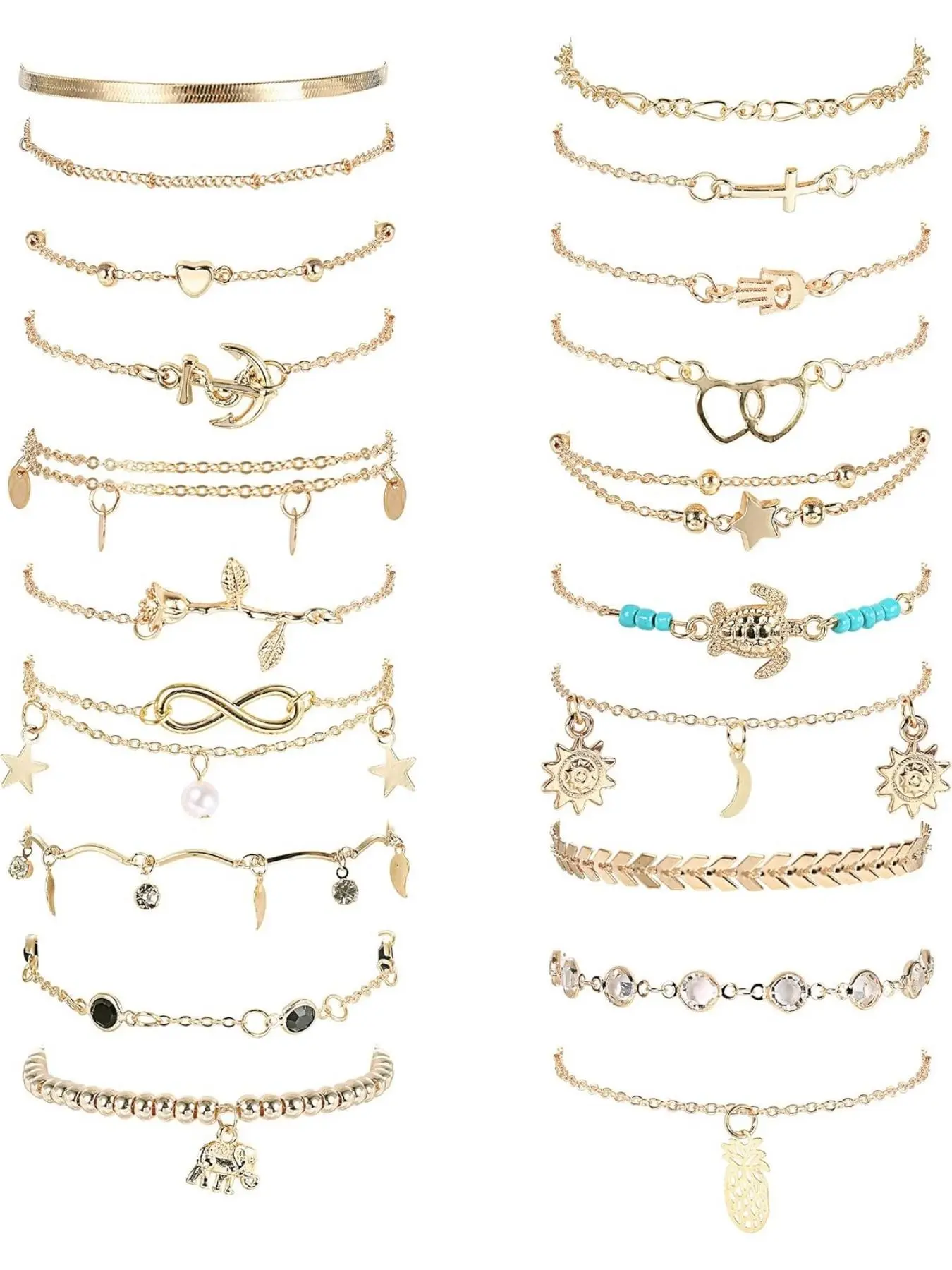 20pcs Ankle Bracelets for Women, Adjustable Beach Anklet Set, Surfer Anklet with Heart, Star, Infinite Designs, Trendy Foot Jewelry, Jewelry Gift, Elegant Accessory, Fashionable Accessory, Fashion Accessories