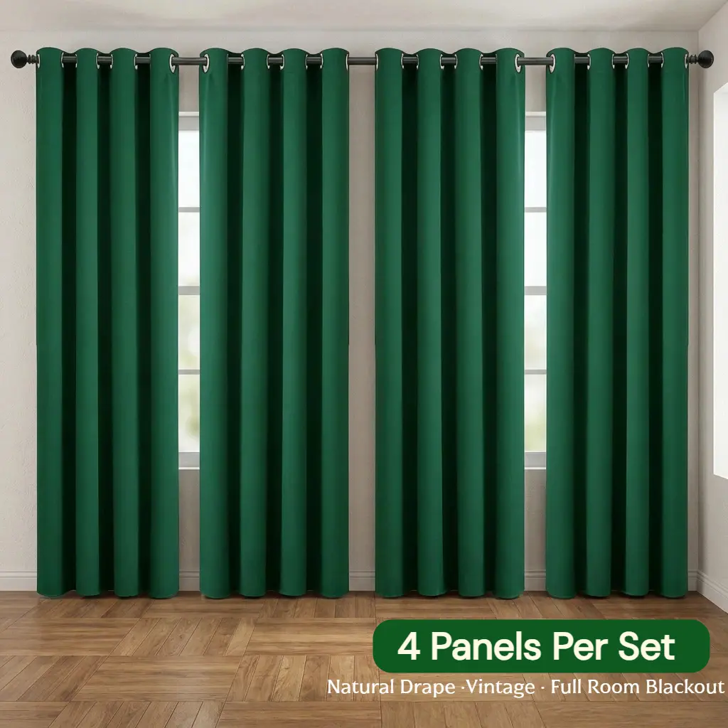 4 Panel Green Vintage Blackout Curtains , Thermal Insulated & UV Protection, Ready-Made Drapes for Living Room, Bedroom, Office Meeting Room & Home Decor