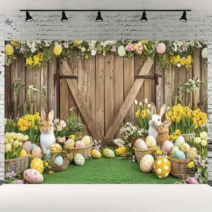 1pc Spring Easter Backdrop with Rabbit, Colorful Eggs, Fence Wall Decor for Photoshoot and Party Supplies, Cake Table Photo Booth Props, Banner Decor - Use Without Electricity, Polyester, General