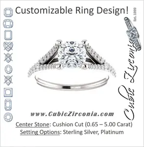 Cubic Zirconia Engagement Ring- The Mailynne (Customizable Cushion Cut Style with Split-Pavé Band)
