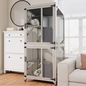 Outdoor Cat Enclosure Catio with Wheels, 71.2" Large Wooden Cat Cage, Multi-Level Cat House with Platforms, Lockable Doors & Removable PVC Tray