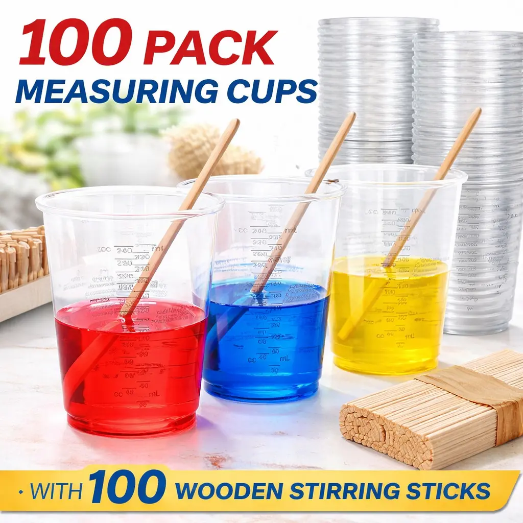 100-Pack 8oz Clear Plastic Measuring Cups & Wooden Stirring Sticks – Graduated Disposable Mixing Cups for Epoxy Resin, Paint, Pigments & DIY Crafts