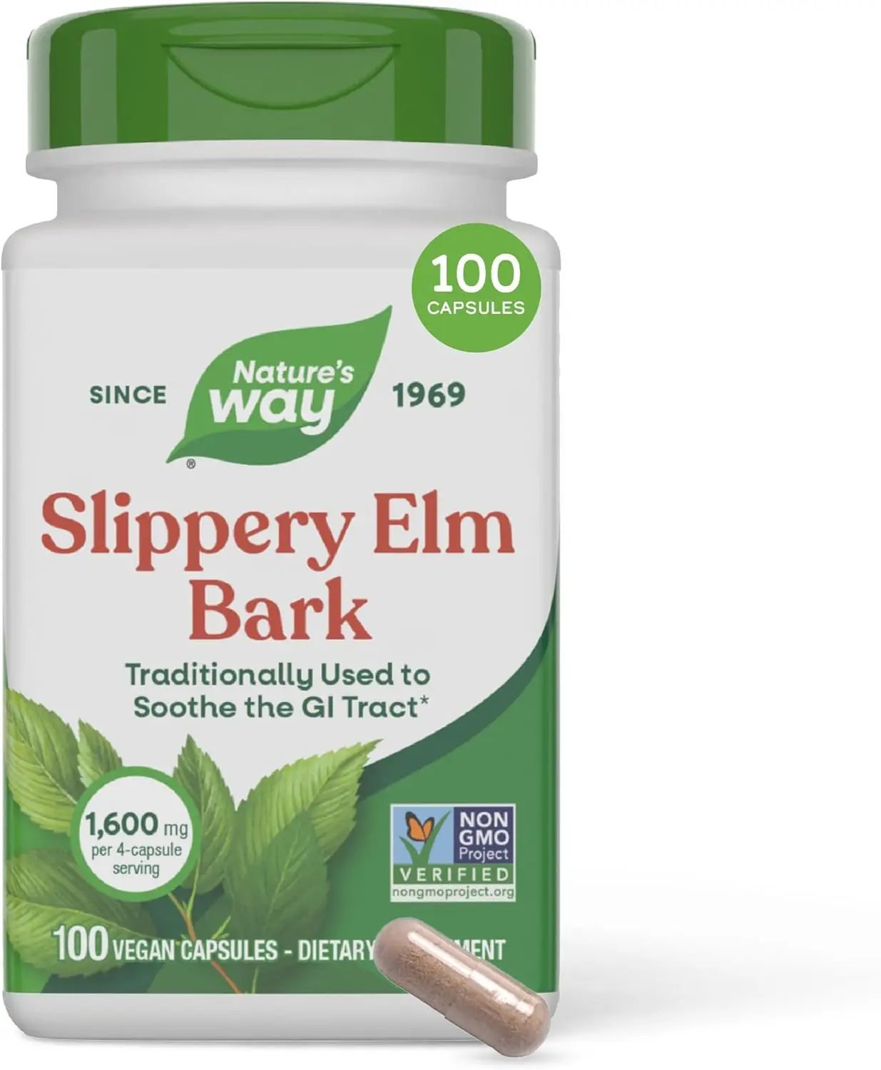 Nature's Way Slippery Elm Bark Capsules, Traditional Digestive Support to Soothe Gastrointestinal Tract*, 1,600 mg per 4-Capsule Serving for Traditional GI Support*, Vegan, 100 Capsules