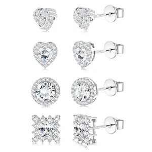4 Pairs CZ Stud Earrings for Women Sterling Silver Post for Sensitive Ear Brilliant Celtic Heart Big Stud Earrings Set