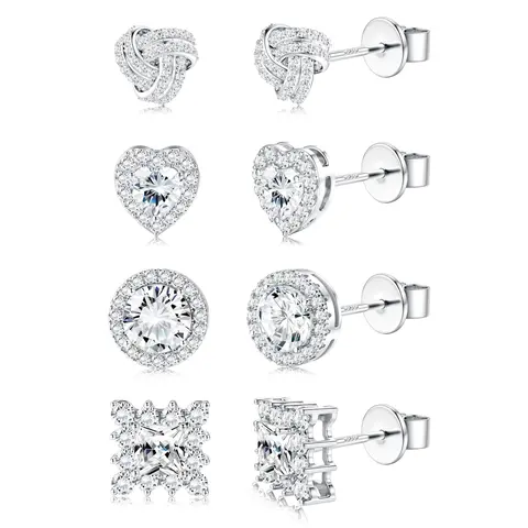 925 Real Silver Round CZ Design Studs Set - 4-Pair 8mm Brilliant Circular Earrings, Artistic Bejeweled Style, Hypoallergenic Sensitive-Safe Casual Fashion Accessory