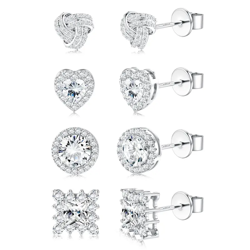 925 Real Silver Round CZ Design Studs Set - 4-Pair 8mm Brilliant Circular Earrings, Artistic Bejeweled Style, Hypoallergenic Sensitive-Safe Casual Fashion Accessory