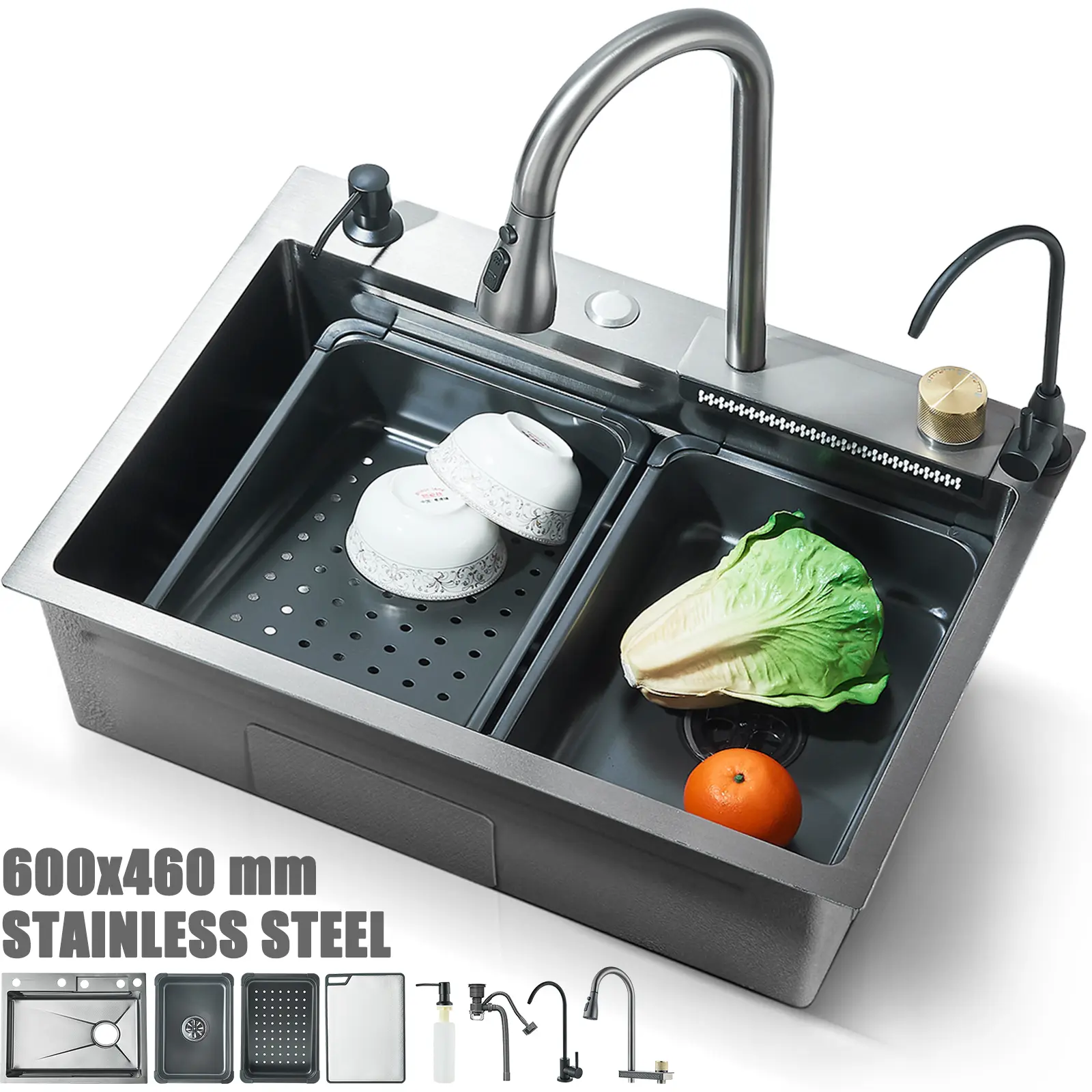 Senlesen 24x18 inch Stainless Steel Kitchen Sink with Pull Out/Down Faucet Drop in Single Bowl Sink with Drain Assembly Accessories Flying Rain Mixer Faucet Modern