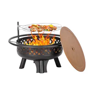 Fire Pit,32-Inch Outdoor Fire Pit with Grill – Wood-Burning Fire Pit with Lid and Fire Poker, Round Metal Table for Patio, Backyard, Garden, and Bonfire Parties Stylish Sturdy
