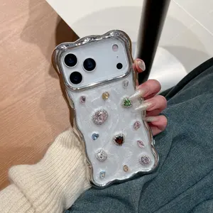 Niche advanced induction electroplating silver wavy pattern three-dimensional color love gemstone suitable for Apple 17ProMax mobile phone case iPhone16Pro all-inclusive 15 girl heart 14Promax protective case Cover