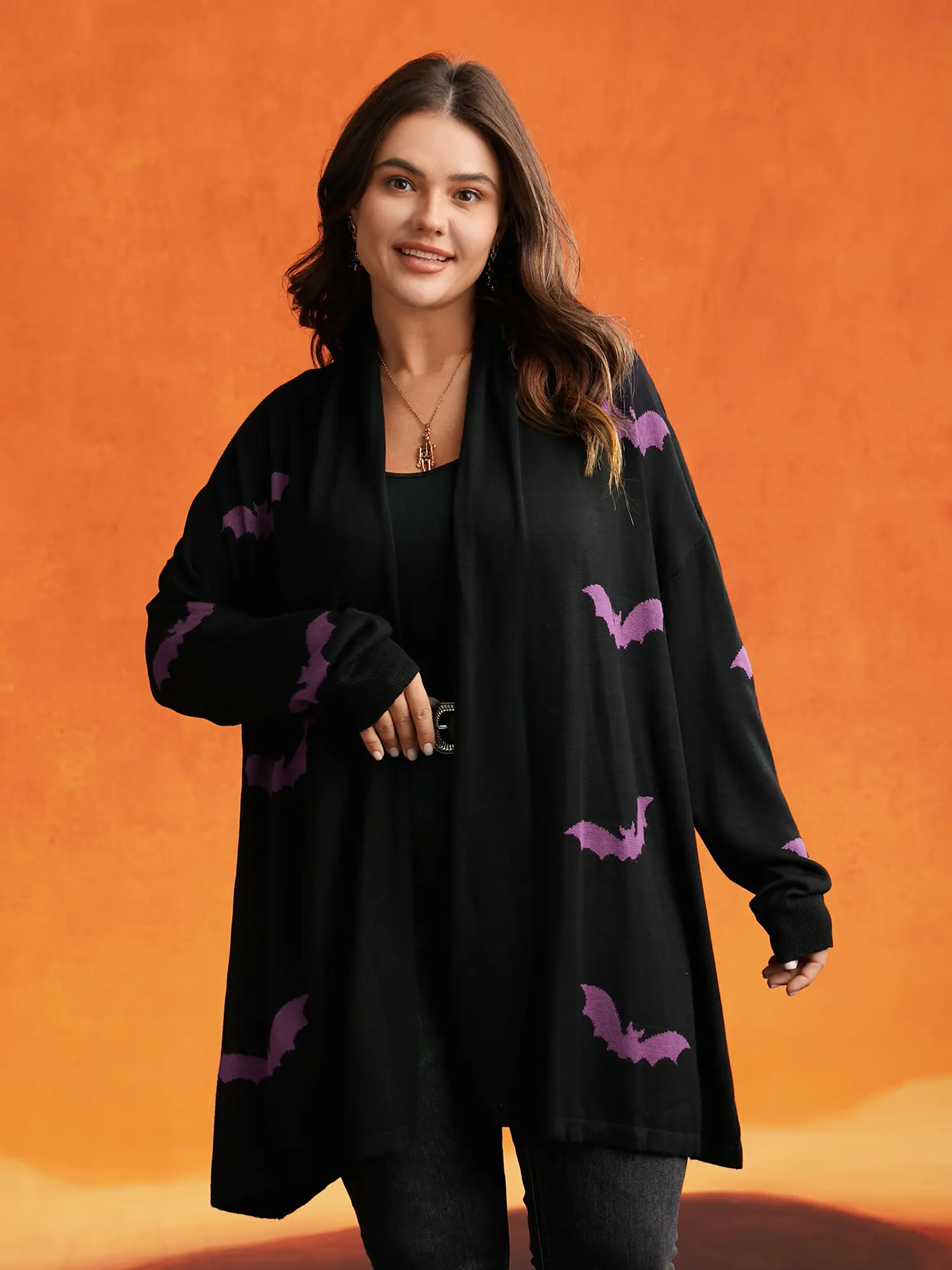 BLOOMCHIC Supersoft Essentials Halloween Bat Pattern Long Sleeve Gothic Rock Cardigan for Women - Black Casual Knitwear with Regular Fit Drape Womenswear,Summerfinds