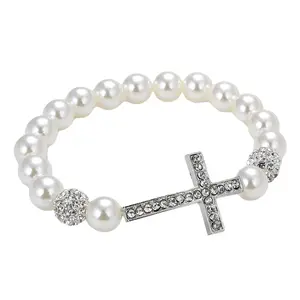 Eye-catching Jewelry Decor Crucifix Bracelet Imitation Pearl Beaded Gi