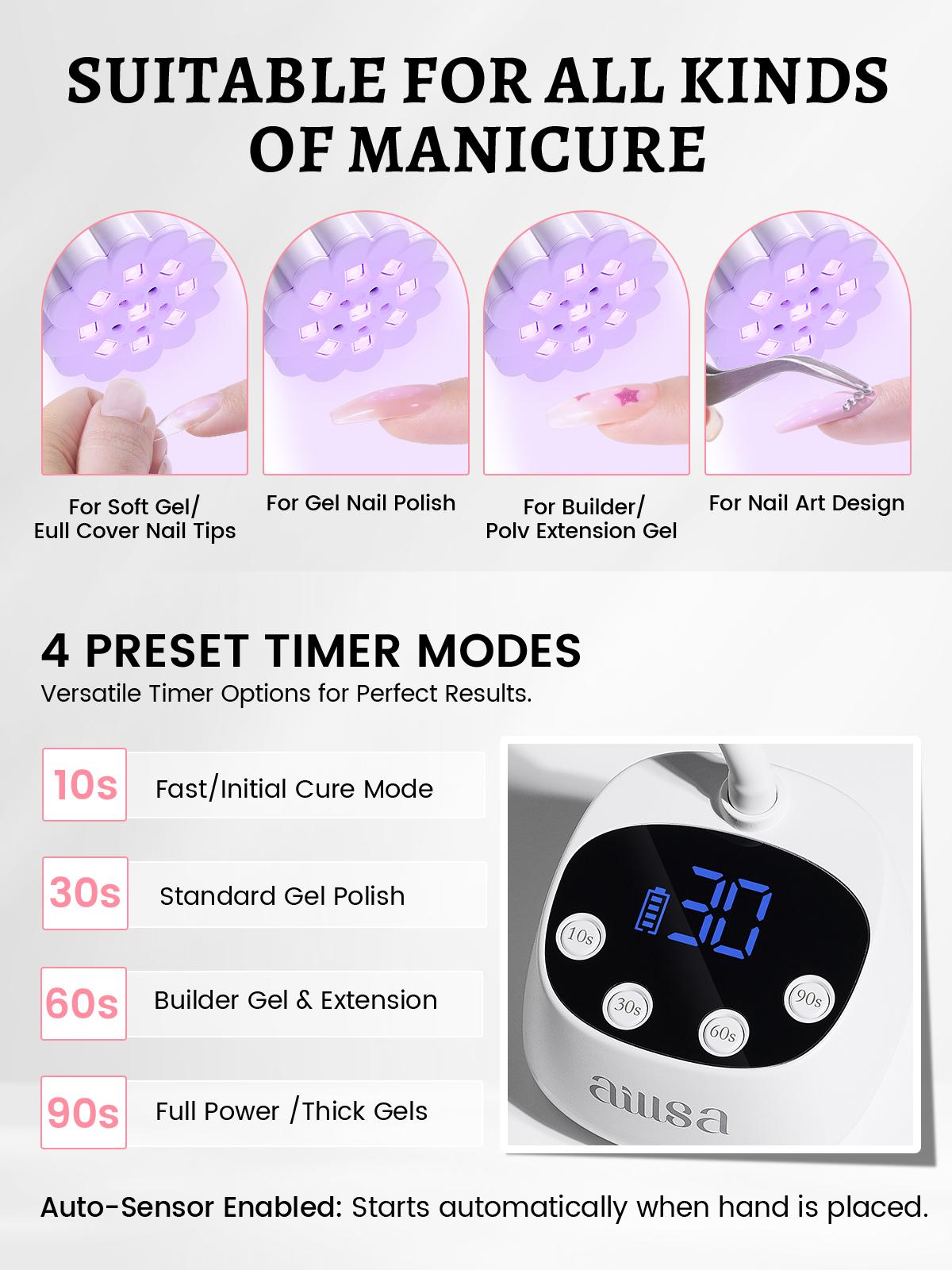 AILLSA Flash Cure UV LED Nail Lamp, Rechargeable Portable Nail Light with Gooseneck, 4 Timers & Auto Sensor, Fast Curing for Gel Polish, Nail Glue, Press-On & Nail Art DIY