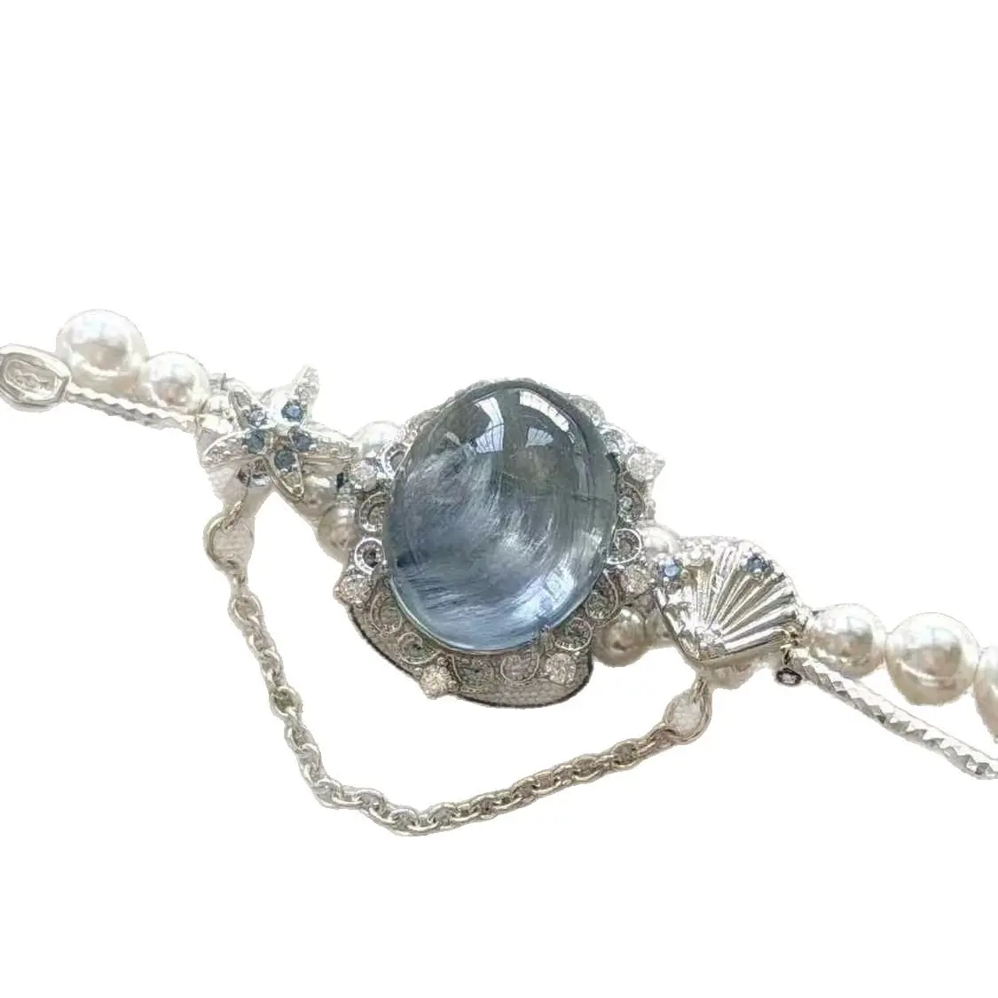 Ocean Blue Oval Pearl Magnetic Bracelet for Women, Rhinestone Starfish Fashion Wrist Jewelry, Trendy Commuter Accessory, Adjustable Sparkly Bracelet for Daily Wear