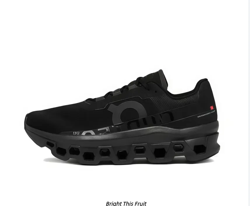All Black Hollow Wave Thick Sole Running Shoes Unisex Breath Knit Upper Cushioned Daily Walking Non Slip Minimal Dark Casual Sneakers