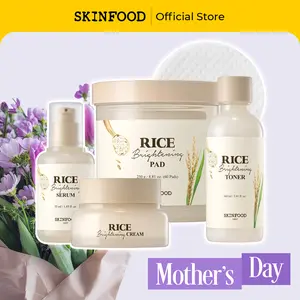 [SKINFOOD Official] Rice Brightening Skincare Routine Set | mothersdaygift, Toner Pad + Toner + Serum + Cream, Fermented Natural Rice Water for Glow Glass Skin, Brightening, Pore Tightening, Nourishing, Moisturizing, Vegan, Korean Skincare