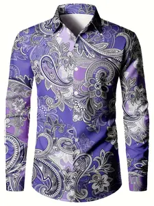 Men's Casual Hawaiian Long Sleeve Shirt, Tribal Ethnic Paisley Pattern, Fitted Style, Moderate Fabric Thickness, All Seasons Wear, Fashionable Design