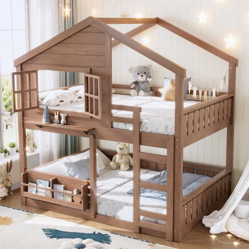 Bellemave  Bunk Bed/Loft Bed with Bookshelf, House Design, High-Quality Safety Fencing.The upper layer is used as a sleeping area, while the lower layer can be flexibly configured as a gaming area, learning area, storage space, or additional sleeping area