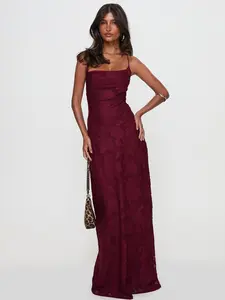 Princess Polly Celena Maxi Dress Burgundy Burnout Floral Print Cowl Detailing Invisible Zipper Open Back Casual Fit 100% Polyester