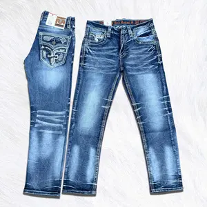 Rock Revival Blue Straight Leg Jeans for Men – Western Cowboy Embroidered Denim – Heavy Stitch Back Pocket – Y2K Street Style Jeans – Premium Vintage Wash