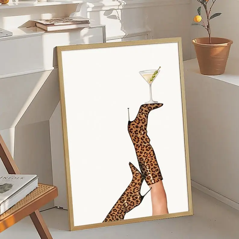 Leopard Boots Martini Art Canvas Poster, Leopard Wall Art, Apartment Aesthetic Decor, Retro Home Decor, Printed Gift