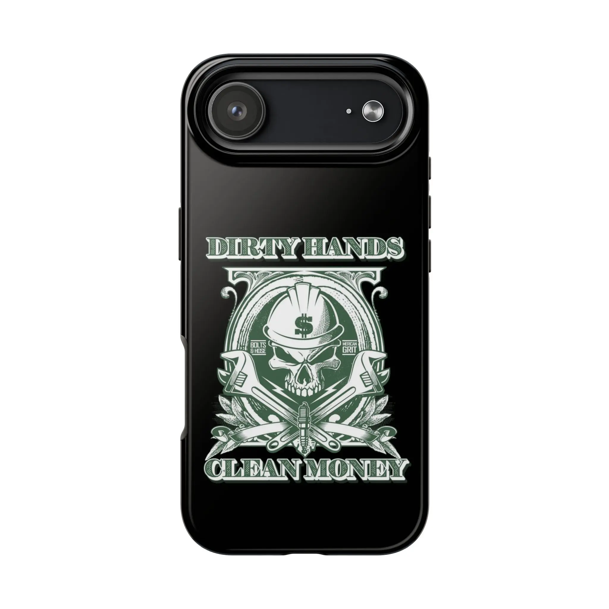 Dirty Hands Clean Money Phone Case – Blue Collar Skull Hard Hat Mechanic Construction Worker Tough Case for iPhone, Tradesman Gift