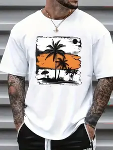 Palm tree Graphic Print T-Shirt For Men Casual Short Sleeve Tee  100% Cotton - Comfortable Crew Neck, Soft Adorable Tees Tops