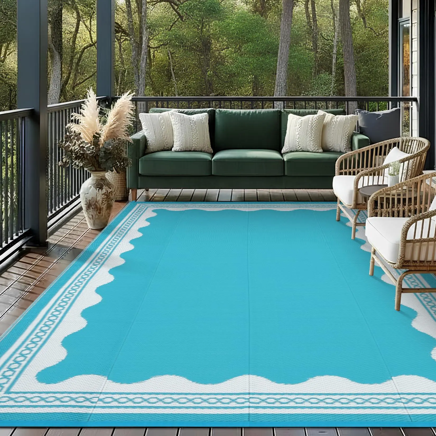 Eco-Friendly Polypropylene Outdoor Patio Rug - Waterproof, Reversible Flat-Weave Plastic Straw Carpet, Durable, Easily Foldable, Easy-Clean Quick-Dry Scalloped Pattern, Light Blue for Camping, Balcony, Stain Resistant