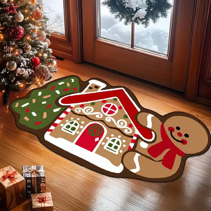 Christmas rug, Christmas gingerbread house shaped rug, living room bedroom rug, Christmas atmosphere home mat, soft non-slip bottom welcome mat, suitable for living room, kitchen and indoor and outdoor entrance, indoor multi-purpose area decoration, holid