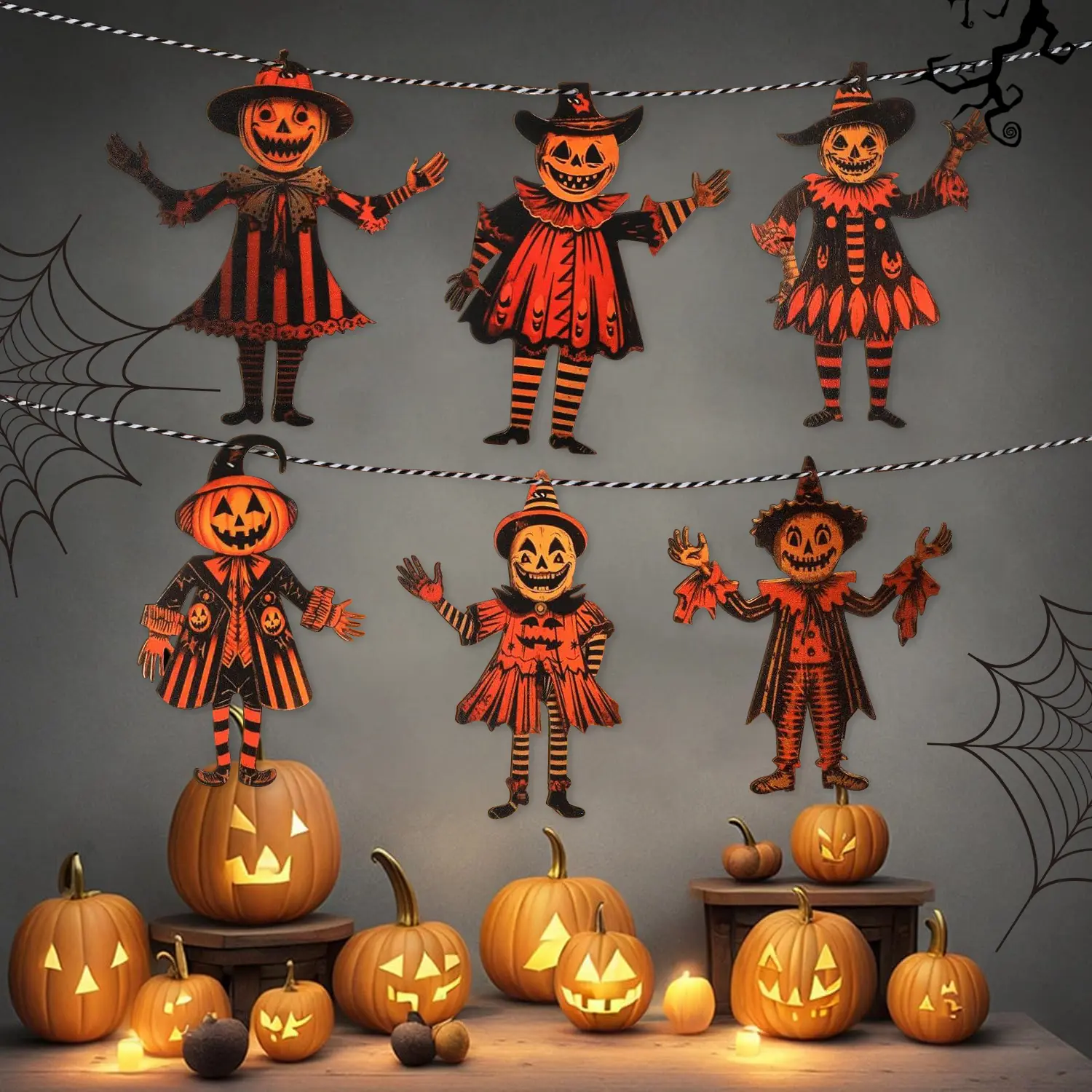 6PCS 5.9 inch Painted Vintage Wooden Garland Set - Hangable Durable Nostalgic Halloween Decor, Spooky Tall Pumpkin Banner, Easy-Install Photo Backdrop for Party Wall Decor, Retro Look Garden Use, Odourless